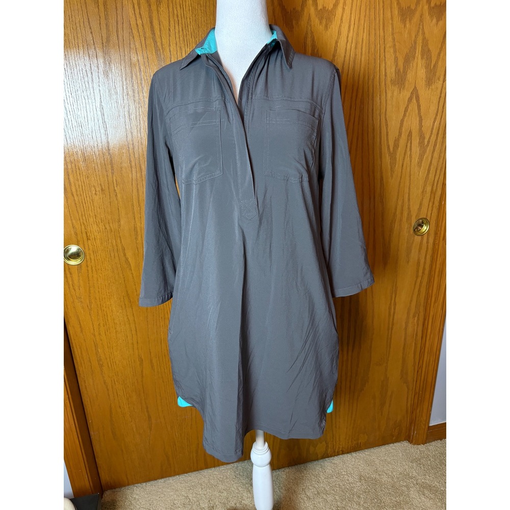 Title Nine Gray Turquoise Roll Tab Sleeve Hiking Shirt Dress Pockets Medium